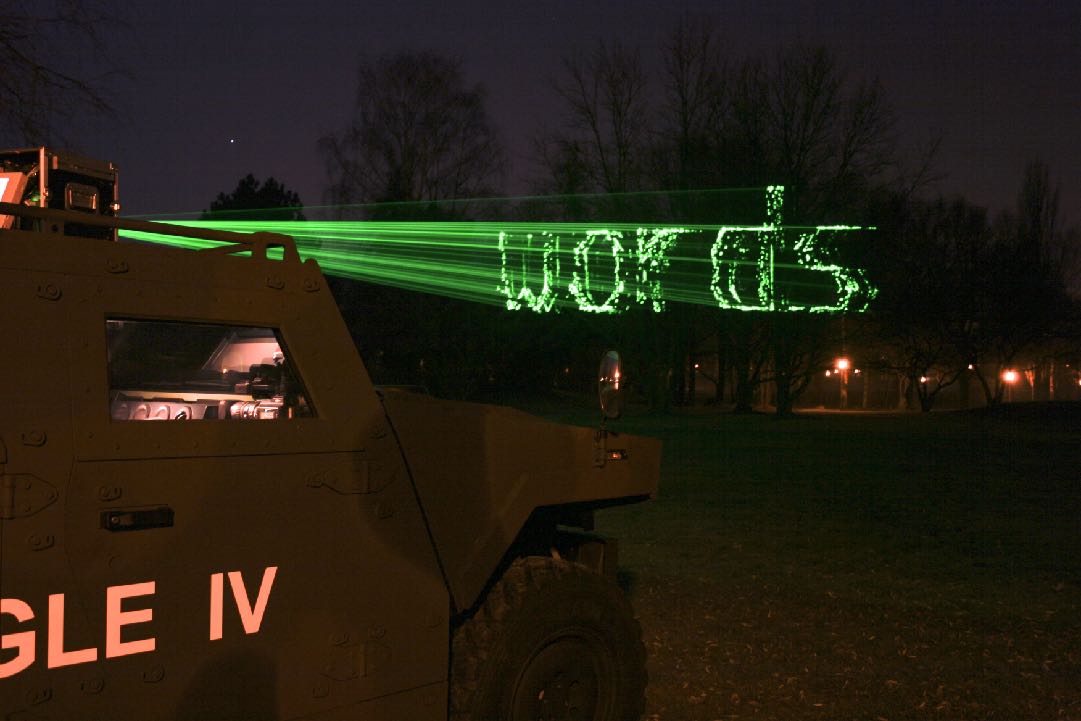 Interfacing Landscapes, laser projection from military truck, Kreuzlingen, 2006